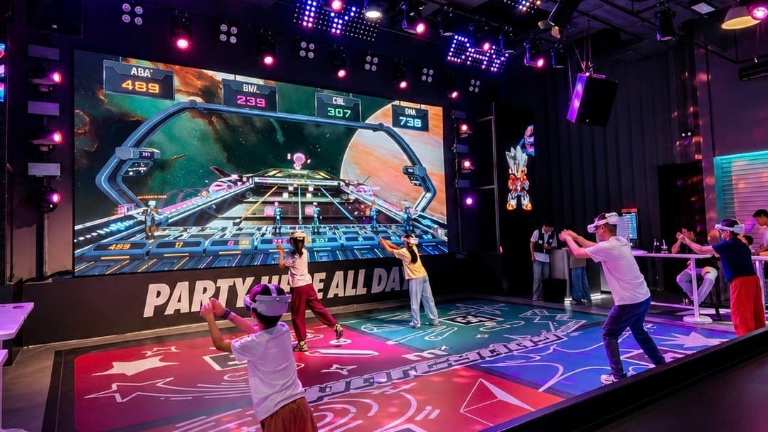 Players compete on the MirraArena game floor at Partyday Shenzhen while the action appears live on the venue's large LED display.